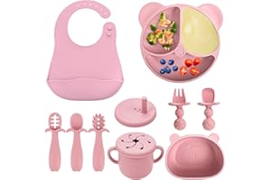 comeder Baby Weaning Set, 10 Pcs Silicone Feeding Bowl & Spoon Set for Toddlers, BPA-Free, Soft & Safe Baby Led Weaning Essentials, Microwave & Dishwasher Safe (Pink)
