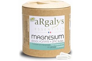 Magnésium Bisglycinate & Zinc Bisglycinate + Vitamine B6, Haute Teneur 300mg /j, Combat Fatigue - Stress, Biodisponibilité, 60 Gélules - Vegan, ZMA, Fabriqué en France, Argalys Essentiels