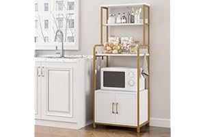 HOCSOK Étagère de Cuisine, Meuble de Rangement à 5 Niveaux avec 8 Crochets, Support pour Four à Micro-Ondes Four, Outils de Cuisine, 60x40x149cm, Blanc+Or