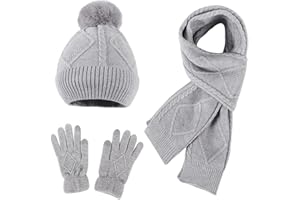 Hinzonek Winter Warm Knit Beanie Hat Scarf Gloves Set for Women Ladies Girls 3 in 1 Pom Pom Hats Mittens Neck Scarf Set Thick Set Outdoor Wearing