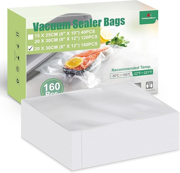 KitchenBoss 160 Bolsas Vacio Alimentos 20x30 cm:Bolsa Gofrada Envasado al Vacio 175 µm, Bolsas de Vacío para Alimentos Sin BPA para Envasadora y Sous Vide - 1
