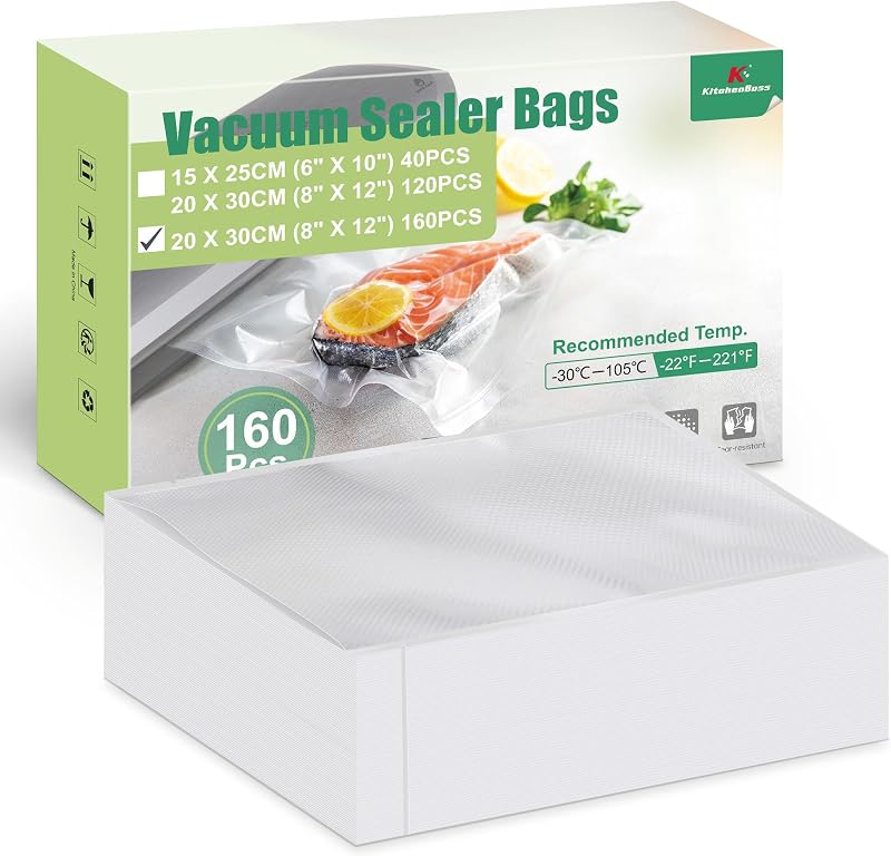 KitchenBoss 160 Bolsas Vacio Alimentos 20x30 cm:Bolsa Gofrada Envasado al Vacio 175 µm, Bolsas de Vacío para Alimentos Sin BPA para Envasadora y Sous Vide