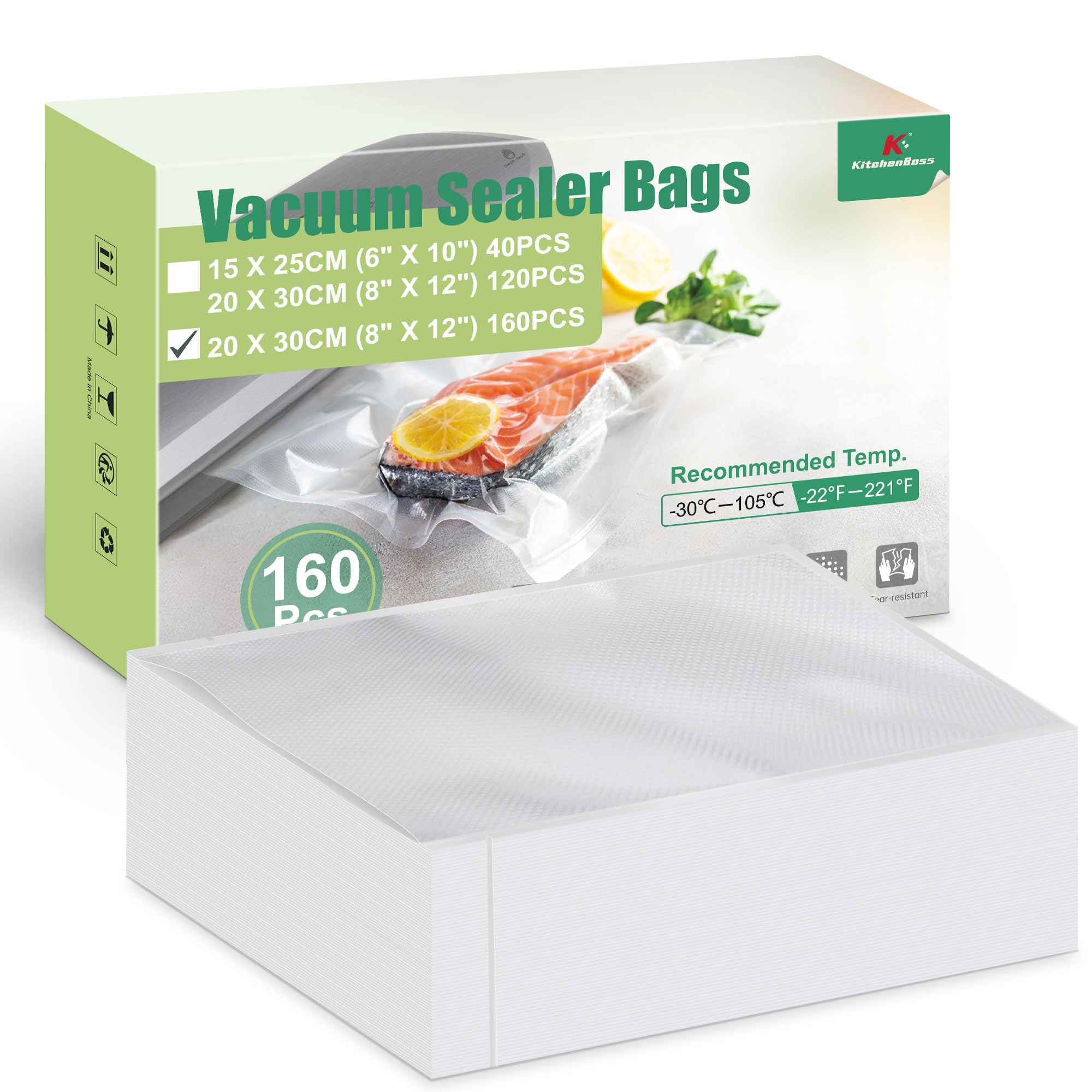KitchenBoss 160 Bolsas Vacio Alimentos 20x30 cm：Bolsa Gofrada Envasado al Vacio 175 µm, Bolsas de Vacío para Alimentos Sin BPA para Envasadora y Sous Vide - 1