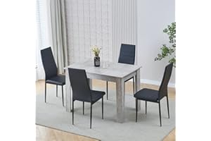 Homullel 110cm Dining Table and 4 Chairs, 4 Seater Kitchen Table and Chairs Set for Space Saving, Compact Dining Room Set for 4, 110x70 cm, Wooden, Beton Grey (4 Seaters, Faux Leather Black)