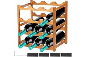 Jokapy 4 Tier Wood Wine Rack 12 Bottles Wine Storage Holder Free Standing Wine Display Rack for Countertop Strong Load Bearing Liquor Storage Shelf for Bar Kitchen Pantry Dining Room