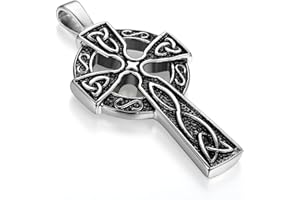 Flongo Men's Celtic Stainless Steel Irish Cross Knot Vintage Pendant Necklace, 22 inch Chain
