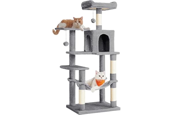 Feandrea Arbre à Chat Hauteur 143 cm, Tour de Jeux pour Chats, avec 4 Poteaux à Griffer, 2 Plateformes, 1 Niche, 1 Hamac, 2 Pompons, en Tissu Peluche, Multi-Niveaux, Gris Clair PCT161W01