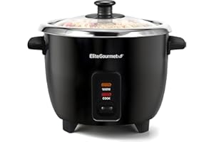 Elite Gourmet ERC006SS - Arrocera eléctrica de 6 tazas con olla interior de acero inoxidable de grado quirúrgico 304, hace sopas, guisos, gachas, granos y cereales, 6 tazas (3 tazas sin cocinar),