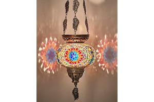 DEMMEX Turkisk marockansk färgglad mosaik bohemisk boho hängande ljushållare lykta med handgjord färgglad glasklot och metallbladkedjor, 61 cm (rymdeld)