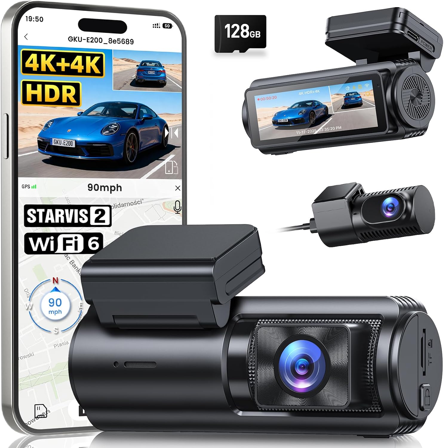 GKU 4K+4K Dash Cam Front and Rear, STARVIS 2 Sensor, 5.8GHz WiFi 6 Up to 20MB/s Download, HDR Night Vision, Dash Camera for Cars with GPS, Voice Control, 24/7 Parking Mode, 128GB Card Included