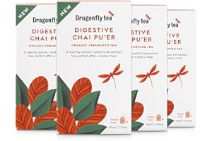 Dragonfly Tea Digestive Chai Pu'er Teabags (4x20 Tea Bags), Organic Fermented Chai Tea Bags for Gut Health Support 80 x Individually Wrapped Teabags