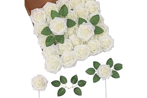 DuHouse Rose artificiali, rose artificiali con steli, vera sensazione al tatto, fiori in schiuma per fai da te, matrimoni, bouquet, baby shower, centrotavola, feste, decorazioni per la casa (crema)