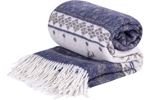LYHome Ciepły Koc z Wełny Merynosów z Frędzlami i Modny Wzór Renifer: Pled na Łóżko, Kanapę, Sofę, do Salonu, Sypialni. Duzy, Miękk (140 cm x 200 cm/Granatowy z Białym)