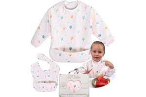 Belea Baberos Bebe Impermeables Con y Sin Mangas BLW con Bolsillo Recogemigas Puños Elasticos Lavable Guarderia Babete Impermeável Bebe Sin BPA Regalo Navidad Diseño Ajustable de 6 a 36 Meses 2 PCS