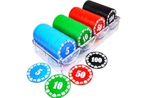 WRZBEST Plastic Poker Chips 100 Poker Chip Set with Storage Box,Denomination Printed Casino Style Chip for Texas Home Game Nights,Holdem Poker Nights,Blackjack or Roulette Games,Casino Parties (100 pcs)