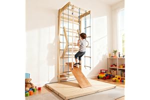 ‎CCLIFE CCLIFE Sprossenwand Turnwand Gym Klettergerüst Holz Sportgerät Kletterwand mit Stange Fitness Kinder Erwachsener