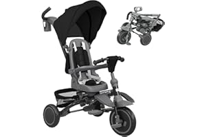AIYAPLAY 6 in 1 Triciclo Passeggino Bici per Bambini 1-5 Anni Fino 25Kg, Triciclo Pieghevole con Sedile Girevole Fronte Mamma o Strada, Cappottina, Maniglione, Borsa, Ruote e Cintura a 5 Punti, Nero