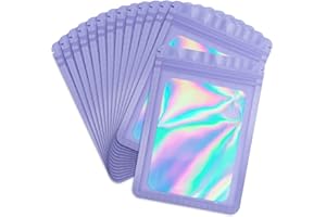 Durimoiy 100 Pack Holographic Bags, Resealable Bags for Small Business with Front Window,Sample Baggies Sealable Mylar Bags for Party Favor (5.5x7.9 Inch, Purple)