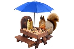 QmjdDymx Squirrel Feeder Table for Outside, Wooden Squirrel Feeder Picnic Table With Blue Umbrella, Fun Squirrel Pet Dining Table Garden forest House Decor 21x18x18 cm
