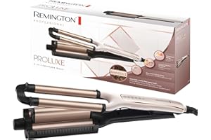 ‎REMINGTON Remington Welleneisen [Testsieger] ProLuxe 4-in-1 Lockenstab: Beach, natürlich Wellen, Wasserwellen, (Dig. Display, Temperatureinstellung bis 210°C) Kreppeisen, Multistyler CI91AW, Weiße Rose