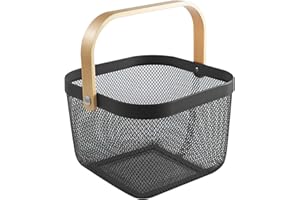 Bncxdc portafrutta, fruttiera, Cestino in metallo con manico in legno per la cucina, il bagno, la dispensa, larmadio, la casa, la spesa, il picnic, Nero