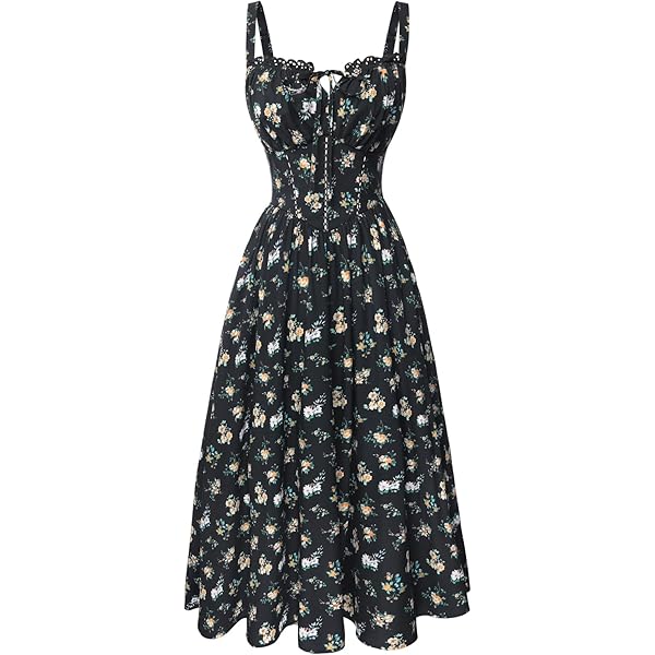 OBEEII Women's Floral Corset Midi Dress Sleeveless Spaghetti Straps Low Cut Summer Boho Sundress Floral Print Bustier Fitted Dress Black XS Fashion
