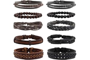 MILAKOO 6 pezzi Bracciale in pelle intrecciata per uomo Donna Bracciale avvolgente con perline in legno regolabile