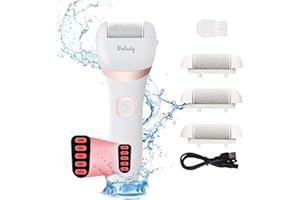 Lima Electrica Pedicura Profesional Recargable Wolady IPX7 Impermeable Eliminar Callos Pies Durezas Cuidado Lima Blanca de Metal, 3 Recambios 5 Niveles Bateria 1200MAH 2 Velocidades