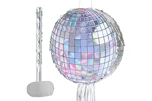 WERNNSAI Disco Party Pinata - Silver Disco Ball Pinata with Blindfold and Stick Hip Hop 80s 90s Retro Dance Disco Party Decoration Supplies for Birthday Wedding New Year Decorations