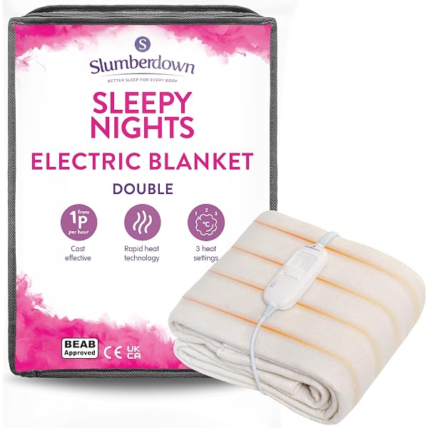 Slumberdown Sleepy Nights Electric Blanket Double - Warm u0026 Cosy 3-Heat  Settings Heated Blanket for Bed with Sleep Safe Auto Shut off -  Comfortable, Easy Fit Straps, Machine Washable (135cm x 120cm) :