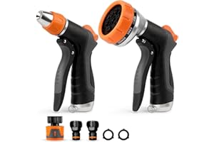 Hoofun 2 Pack Garden Hose Pipe Spray Gun Set, 10 Pattern & 2 Pattern Nozzles and Water Flow Control, Metal High Pressure Water Sprayer with Quick Connector for Car, Lawn, Plants, Patio, Pet Cleaning