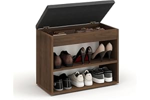 ‎KOMTO KOMTO Schuhbank mit Sitzfläche - Schuhregal Bank mit Stauraum Nussbaum 60 x 48 x 32 cm Kleiner Schuhschrank mit Sitzbank Flur Bank Garderobenbank Sofia
