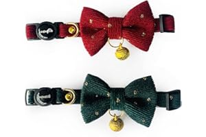 Cognatio Safety Quick Release Cat Collars, Soft Kitten Collars with Detachable Bow Tie and Bell, Pack of 2, Adjustable 20-30 cm (20-30 cm, Wine Red+Xmas Green)