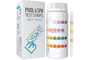 BOSIKE 5 en 1 Testeur Chlore en Bandelette pour Eau de Piscine et SPA - 125 Bandelettes d'Analyse et de Test de l'Acide Cyanurique, du Chlore Libre, de l'Alcalinité, du Brome et du Ph