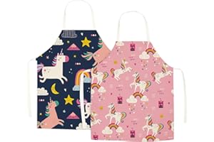 WOLEPAZ 2 Pcs Kids Aprons, Cartoon Style Adjustable Child Chef Aprons, Linen Unicorn/Dinosaur Horse Aprons for Boys Girl's Kitchen Cooking Baking Painting Wear