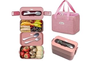 Resszo Lunch Box Kit - Porta Pranzo da ufficio 1600ml Bento Box in PP, 2 Strati Porta Pranzo con Posate per Picnic Scuola Uffici Adulto Bambini, Microonde Sicuro (Rosa)