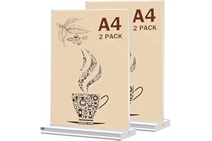 CHINGCOO Lot de 2 présentoirs de table A4, étiquettes de prix A4, support de table en acrylique en T pour brochures, cartes de menu, cadres photo publicitaires, porte-cartes de menu pour restaurant, café,