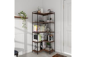 VEDECASA Narożny regał na książki, 5-poziomowy, wolnostojący, nowoczesny narożny regał na książki, z metalową ramą, otwarte półki do salonu, sypialni, biura, styl przemysłowy