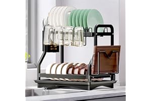 ZHHGOO Escurreplatos de 2 Niveles Negro,Escurreplatos de Platos Inoxidable con Desagüe,Escurreplatos con Bandeja de Goteo,Soporte para Tablas de Cortar Cesta De Cubiertos,Escurre Platos Armarios