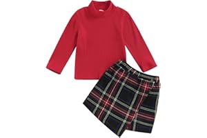 Carolilly 2Pz Set Completo Elegante Bambina Natale Tuta Invernale Neonata Maglia con Maniche Lunghe Top Colletto Alto Bambina + Gonna Irregolare a Quadri