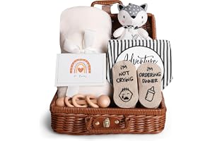 FriGGGi Newborn Gift Set - Lovely Unique Baby Essential Basket Includes Soft Blanket, Security Blanket, Wooden Rattle, Cute Bib, and Cozy Socks