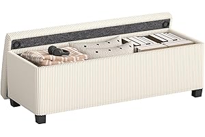 HOMCOM Puff Almacenaje, Banco Almacenaje, Capacidad de 84 L, 112x42x40 cm, Taburete Reposapiés, Tapizado en Pana, Pie de Cama, Carga 220 kg, para Sala de Estar, Dormitorio, Entrada, Beige