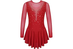 Agoky Kids Girls Sparkle Mesh Splice Figure Ice Skating Dress Gymnastic Dance Leotard Performance Dancewear