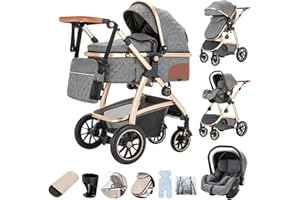 Zkiprm Poussette 3 en 1, Système de Voyage Avec Siège Auto, Landau et nacelle, Accoudoirs réglables, Habillage pluie, Moustiquaire, Châssis aluminium, Landau urbain pour enfants 0-4 ans, Sous gris