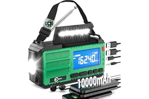 Esky Kurbelradio, 10000mAh Solar Notfallradio mit AM/FM Weltempfänger, Powerbank, USB Lader, LED Taschenlampe&Leselicht, SOS-Alarm & Kompass, Tragbar für Camping, Outdoor, Stromausfall & Geschenkidee