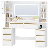 HEXCELEN 135 cm Dressing Table with LED Light, Large Mirror, White-Gold | Makeup Dressing Table, Makeup Table with Practical
