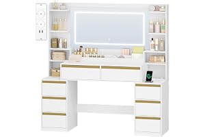 HEXCELEN Sminkbord med Spegel, Sminkbord, Justerbara 3-Färgade LED-lampor, Sminkbords med Kontakt, Hårtorkhållare, 8 Lådor, Ö