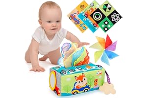 PROACC Baby Toys 0-6 Months - Tissue Box Toy for Babies, Soft Stuffed High Contrast Crinkle Montessori Square Sensory Toys, Newborn Boys Girls Gifts