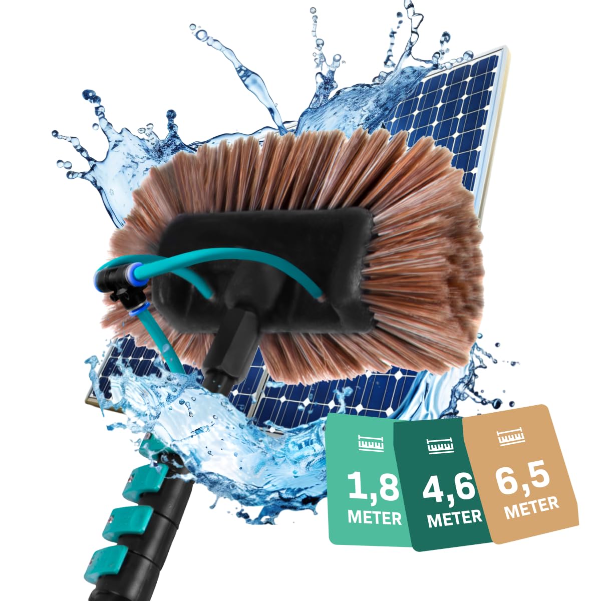 VONROC Telescopische wasborstel 6,5 m met watertoevoer - zonnepanelen, ruiten, fronten en voertuigen reinigen - complete 2-in-1 set - met slang, zeep, universele aansluiting - krachtige reiniging | Inclusief multifunctionele borstel, 2-in-1 borstel