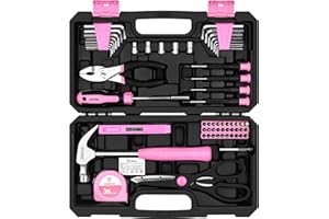 Pink Tool Kit：DEKO Tool Set, Pink Hand Tool Kit DIY for Women 62 Pieces, Ladies Tool Box for Home